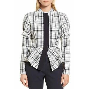 LEWIT‎ Check plaid virgin wool raw edge peplum blazer jacket Sz M